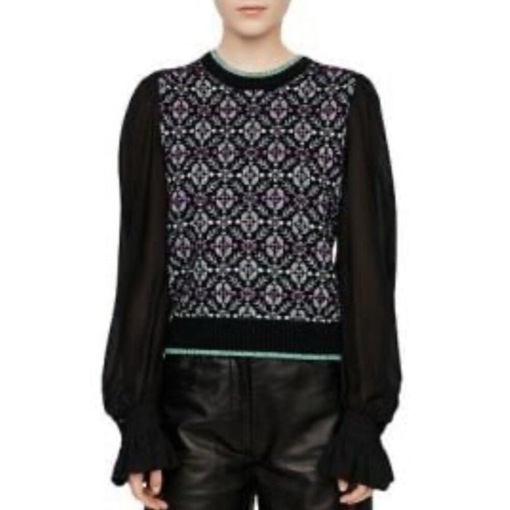 Maje Paris Maely Jacquard Knit Top Black Sheer Long Sleeve Sz 2 (US S) NWT $295